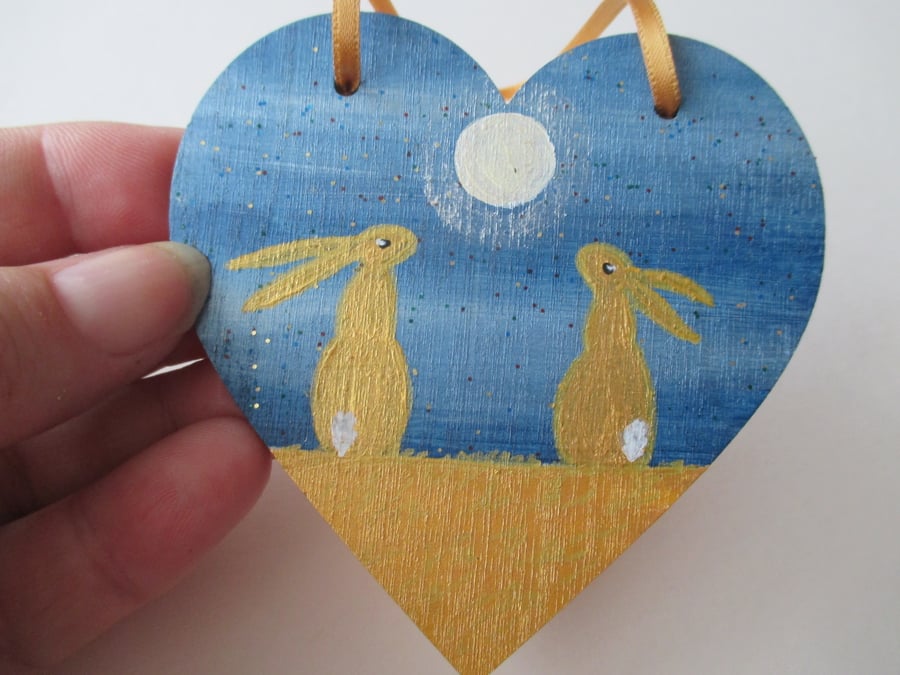 Bunny Rabbit Golden Hare Hanging Heart Wooden Decoration Hand Painted ooak art