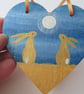 Bunny Rabbit Golden Hare Hanging Heart Wooden Decoration Hand Painted ooak art - Image 1