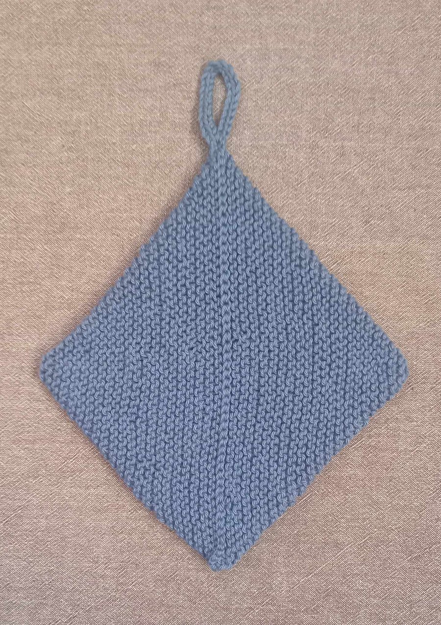 Hand knitted 100% cotton hot pot holder in blue