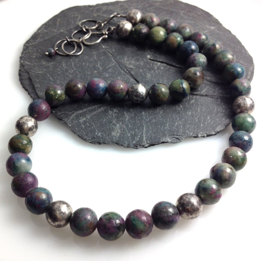 Ruby in apatite and silver bead necklace