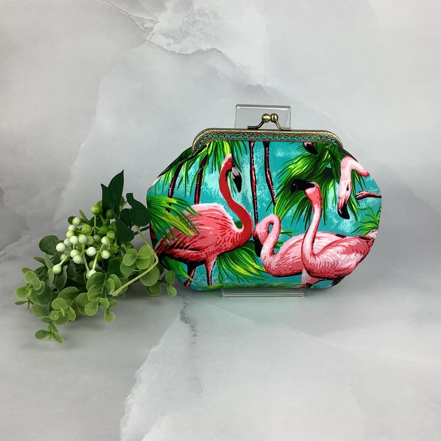 Flamingos small clutch bag, Tropical makeup bag, Optional chain, Handmade