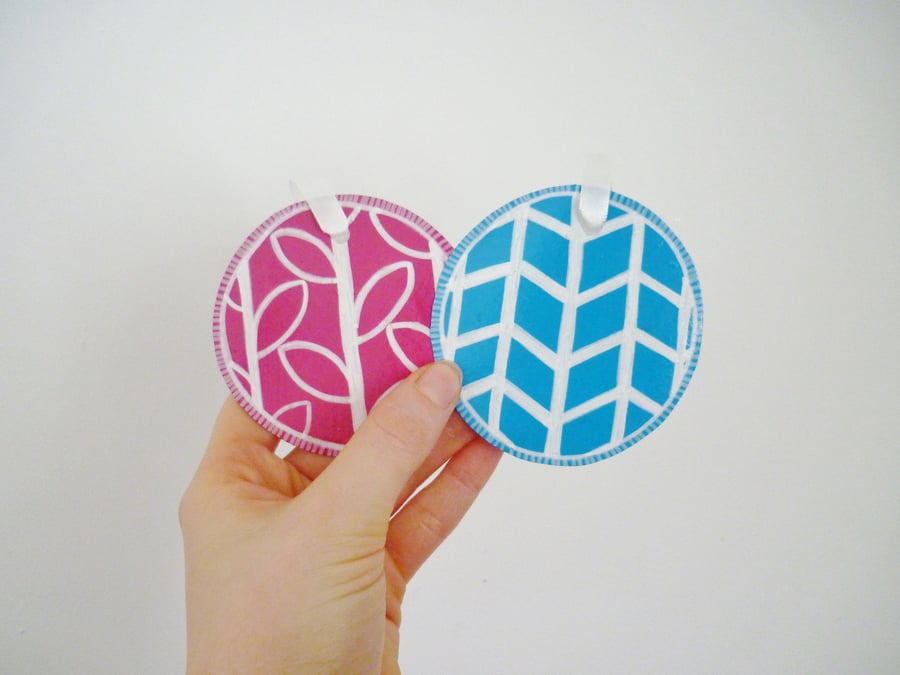 Free Postage -Pair of Pink and Blue Patterned Hanging Decorations