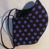 Face mask reusable triple layer 100% cotton black with large purple spots