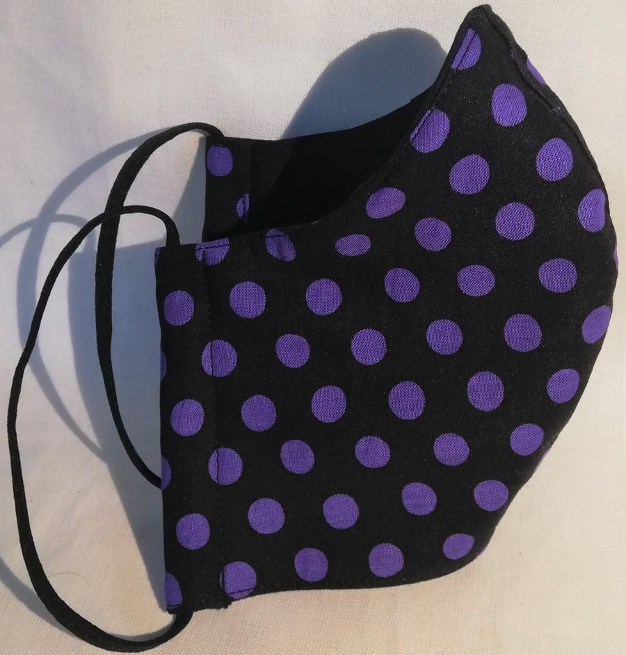 Face mask reusable triple layer 100% cotton black with large purple spots