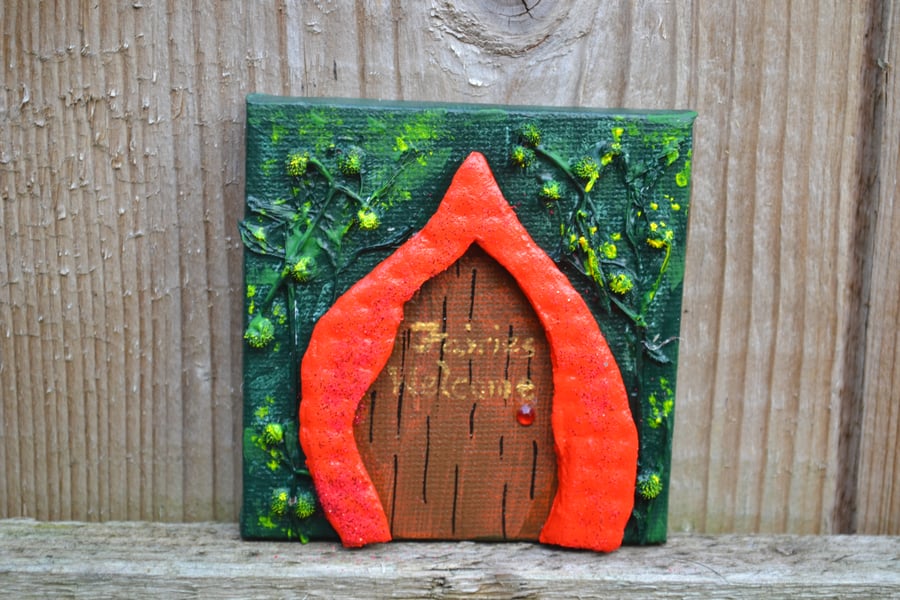 Red Fairy Door - Original mixed media mini painting