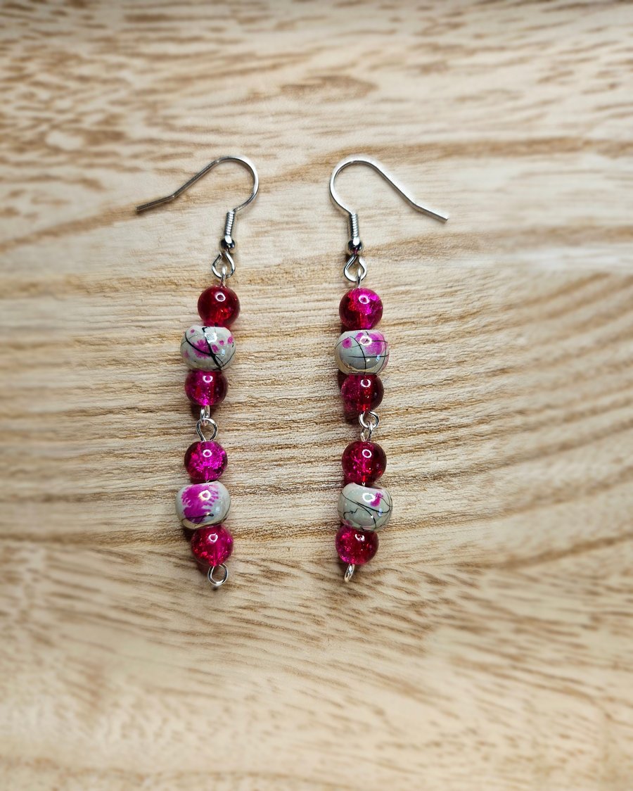 Pink Beaded Dangle Earrings 