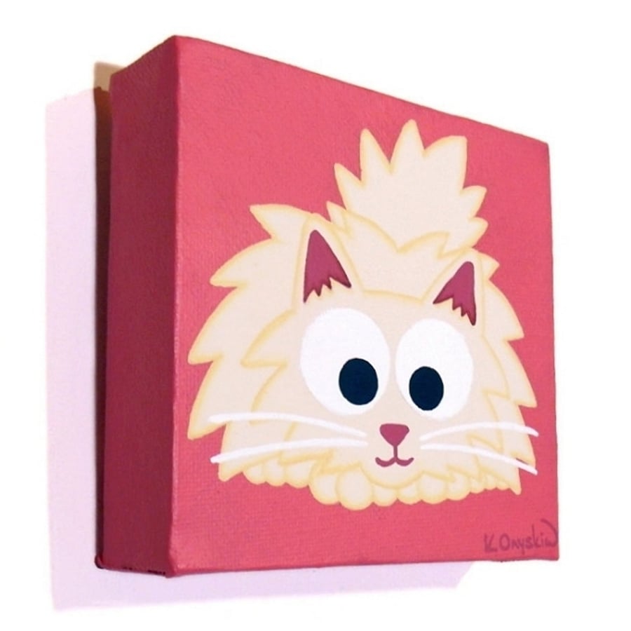 Fluffy White Cat acrylic painting - small original art of a persian cat