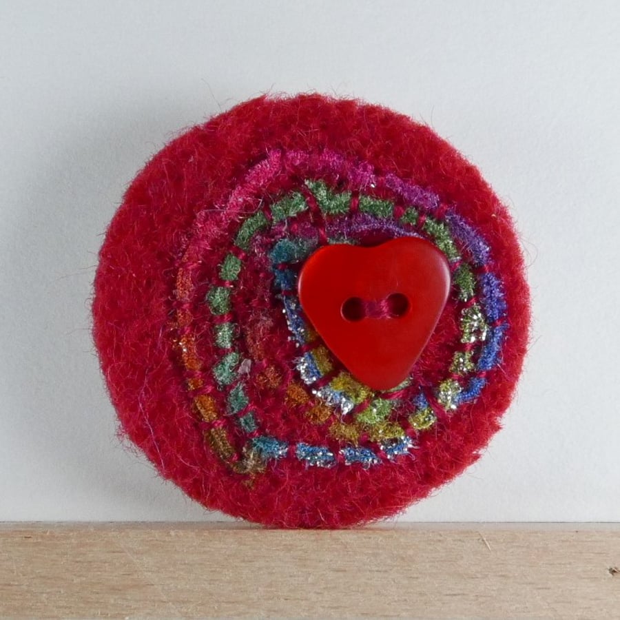 Red heart brooch, red button heart badge