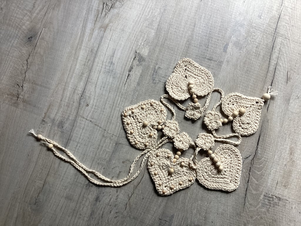 Hand crochet Heart Bunting, vintage style, wooden beads, beaded bunting.