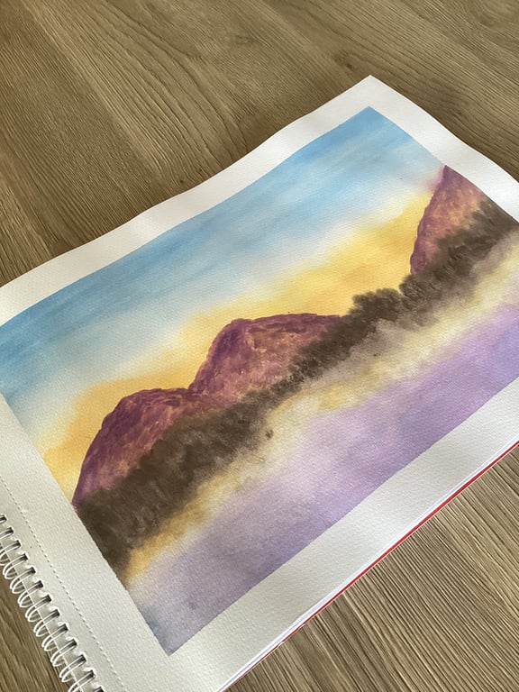 Mountain scene misty abstract watercolour painting 