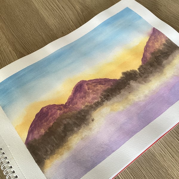 Mountain scene misty abstract watercolour painting 