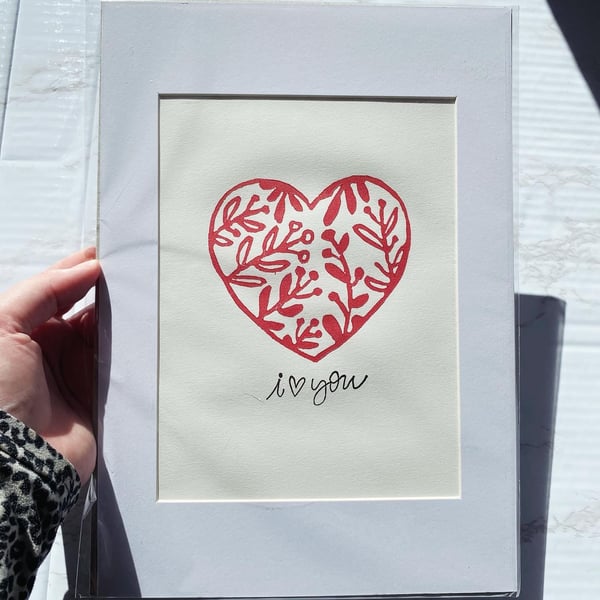 I Love You Mounted Lino Print