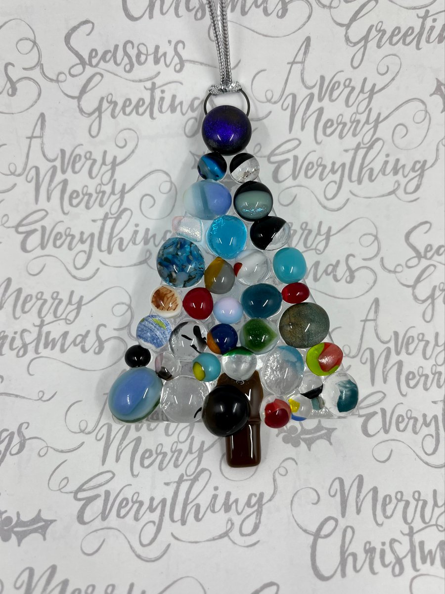 Large Handmade Fused Glass Xmas Tree Hanging Christmas Decoration 
