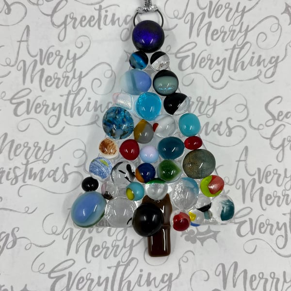 Large Handmade Fused Glass Xmas Tree Hanging Christmas Decoration 
