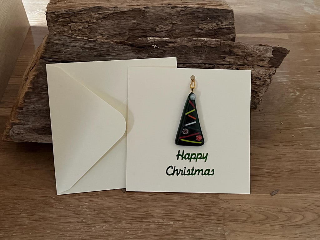 Unique Handcrafted Christmas Card with Fused Glass Tree Decoration Keepsake
