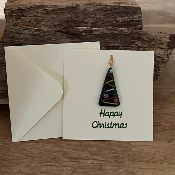 Unique Handcrafted Christmas Card with Fused Glass Tree Decoration Keepsake