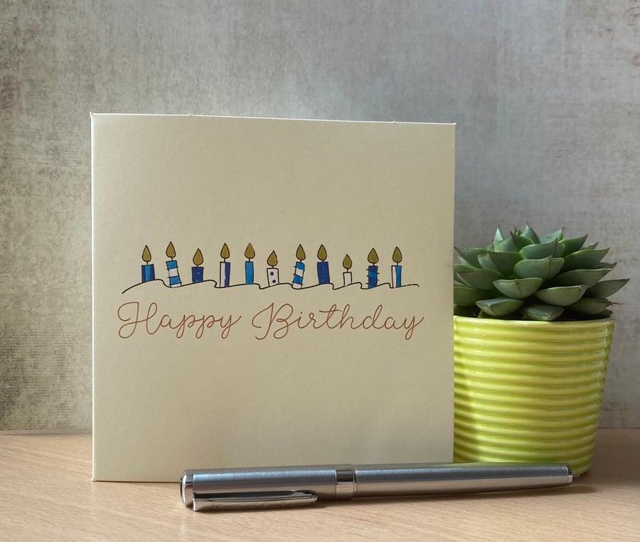 Birthday Candles - Happy Birthday Card - Hand painted card - Blue