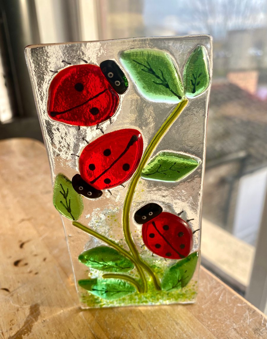 Fused glass ladybird tealight candle holder sun catcher 