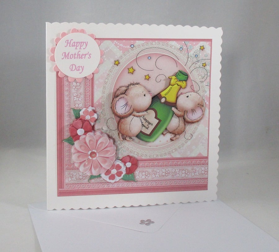 Mothers Day, cute mice greeting card,champagne,3D, Decoupage
