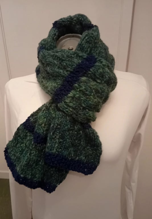 green and blue scarf. Handknitted. Acrylic.