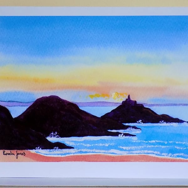 Evening, Mumbles Lighthouse,Bracelet Bay, Swansea, A5, Blank inside