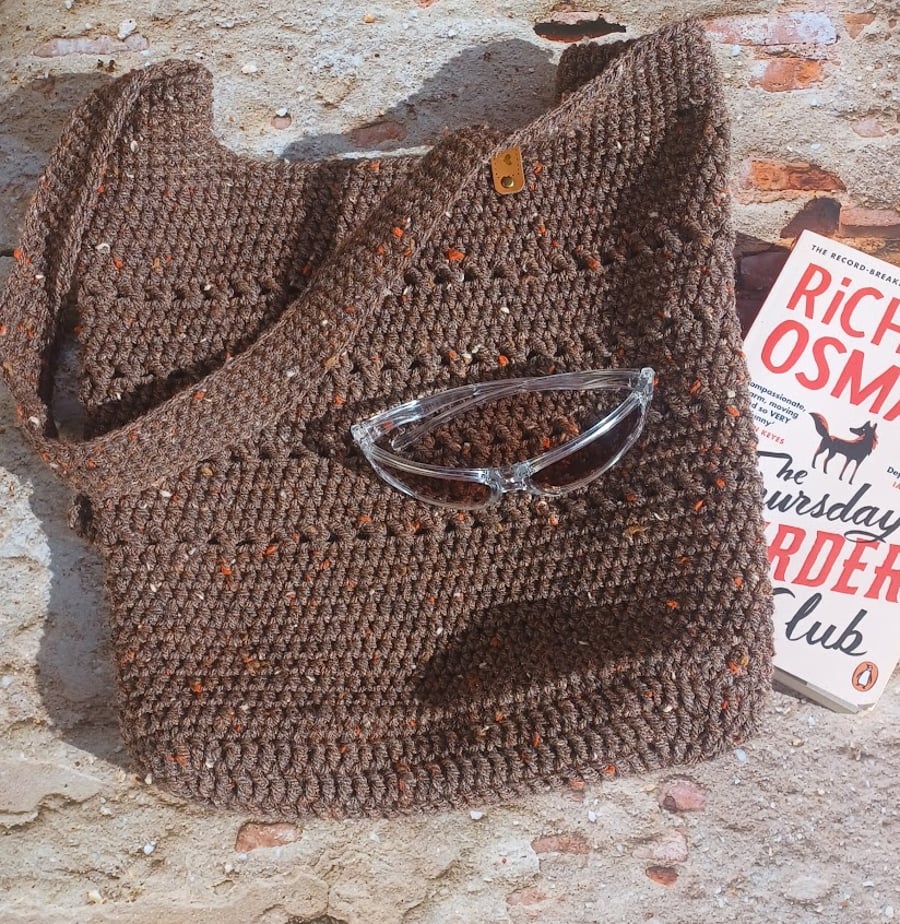 Crochet tweed tote bag, brown shoulder shopping bag, light summer beach bag