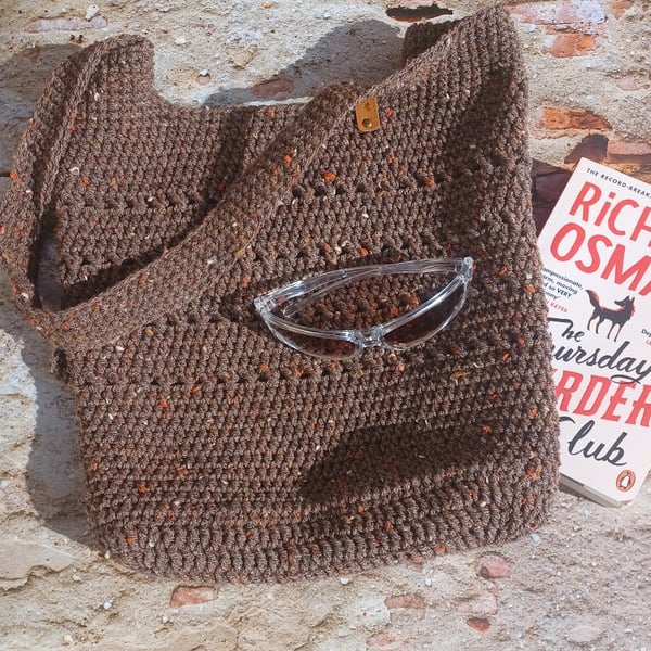 Crochet tweed tote bag, brown shoulder shopping bag, light summer beach bag