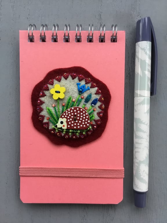 Hand Embroidered Hedgehog Notebook and Pen Set
