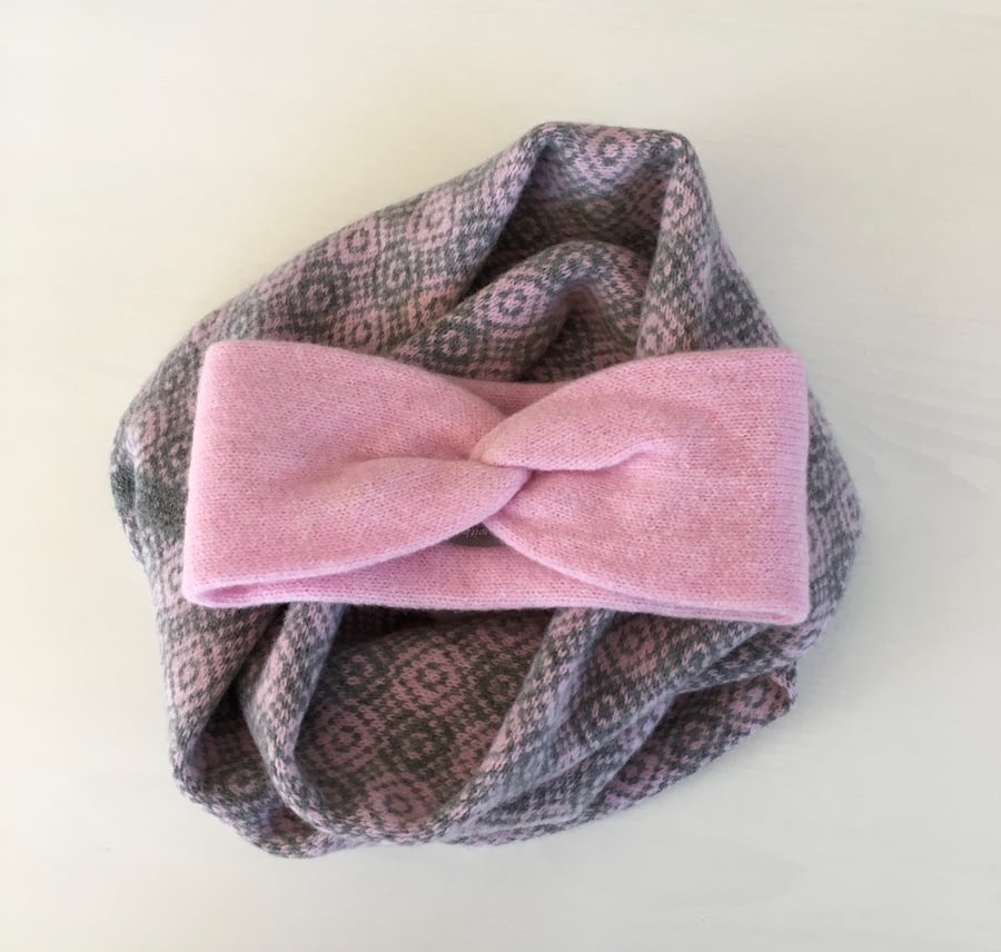 Headband and snood set Soft Merino Lambswool pink and grey 
