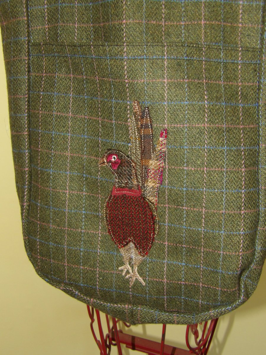 Large tweed pheasant applique lined tote bag 