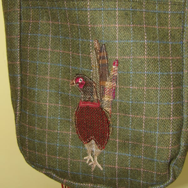 Large tweed pheasant applique lined tote bag 