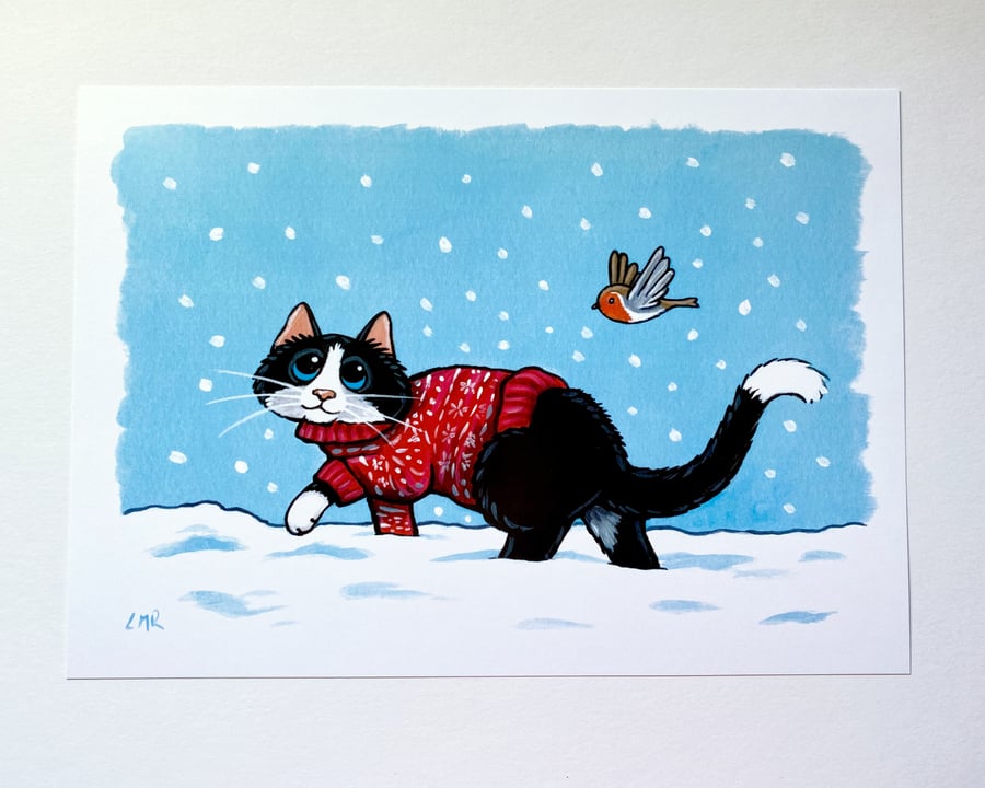 Festive Tuxedo Cat in Snow A4 Art Print