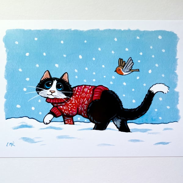 Festive Tuxedo Cat in Snow A4 Art Print