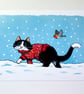 Festive Tuxedo Cat in Snow A4 Art Print - Image 1
