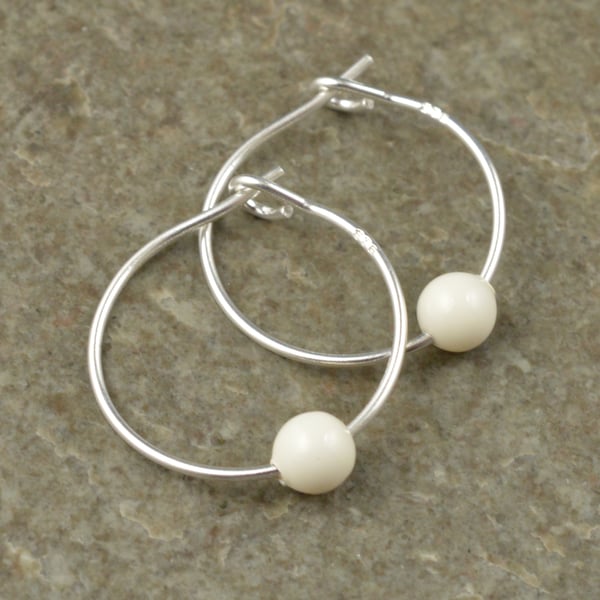 Elegant Ivory Swarovski Crystal Pearl 15mm Sterling Silver Hoop Earrings