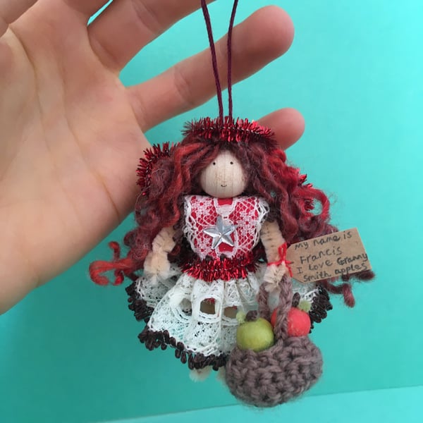 Tiny Fairy Doll Decoration With A Basket Of Apples, Autumn Decorations