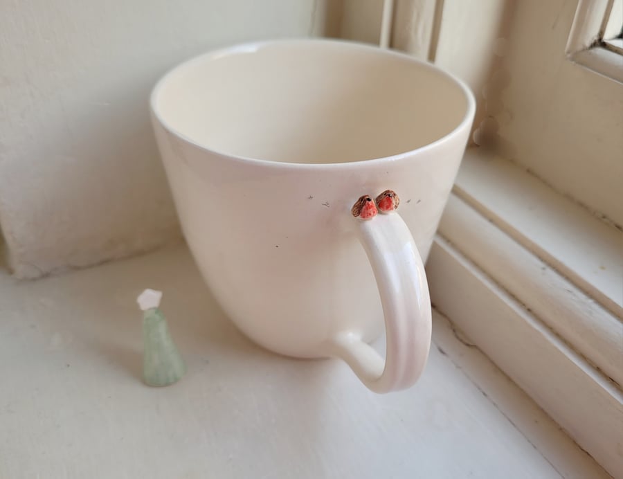 Ceramic robin couple cup with footprints, Christmas birds handmade gift mug