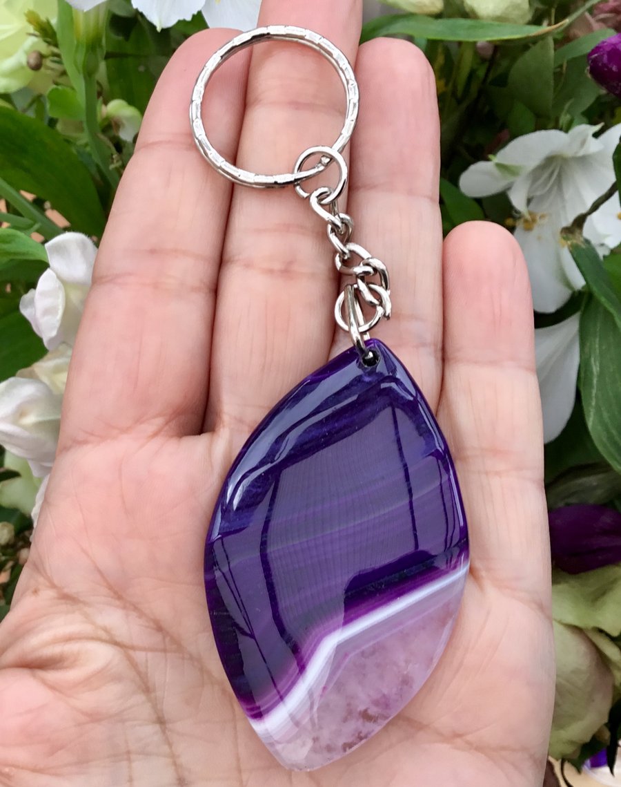 Purple Eye! Marquise Shaped Purple Banded Agate Gemstone Keyring,Handbag Charm 