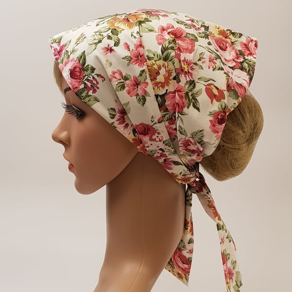 Floral head scarf, wide cotton hair scarf, nurse hair cover, hair bandanna