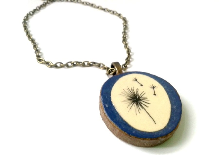 Dandelion Blowing In The Wind Hand Illustrated Paper Natural Tree Bark Necklace