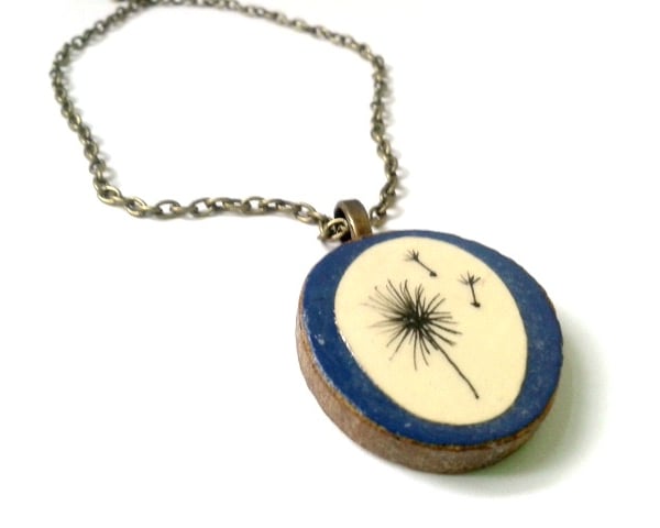 Dandelion Blowing In The Wind Hand Illustrated Paper Natural Tree Bark Necklace