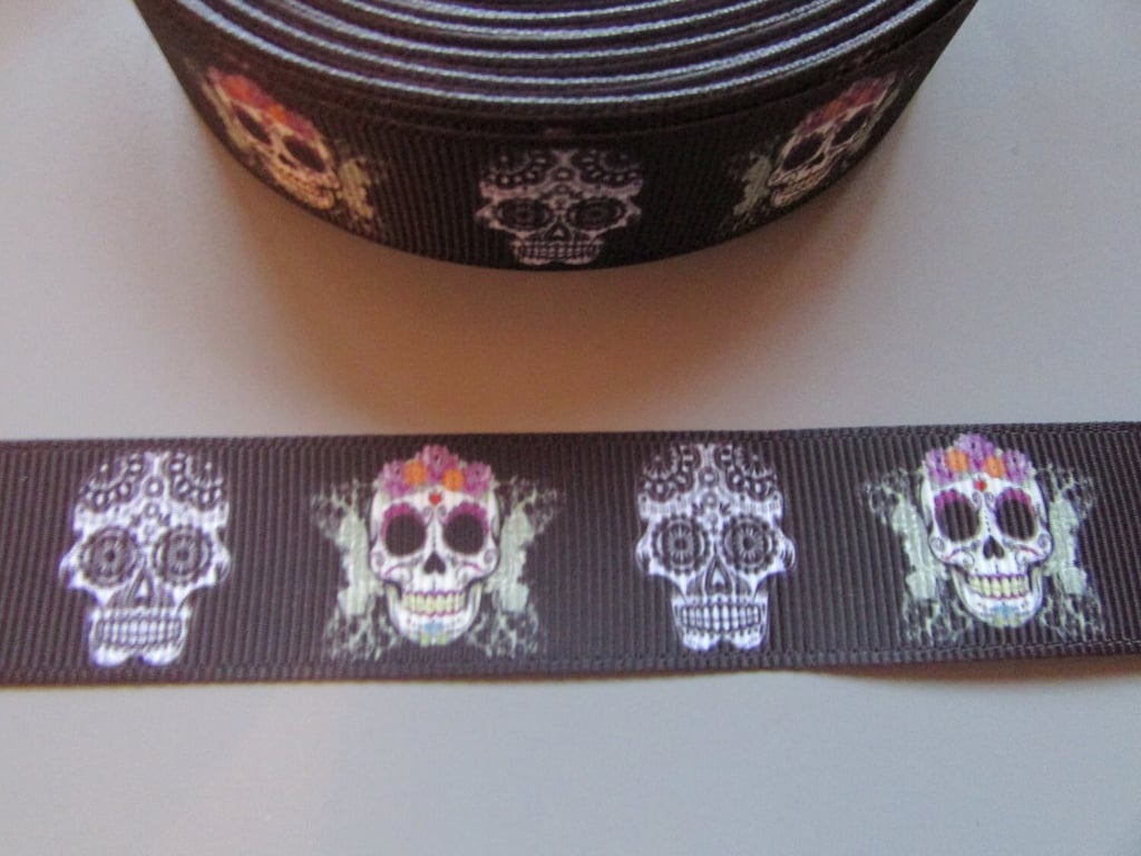 Black Sugar Skull Calaveras Day of the dead Grosgrain Ribbon x 1 metre