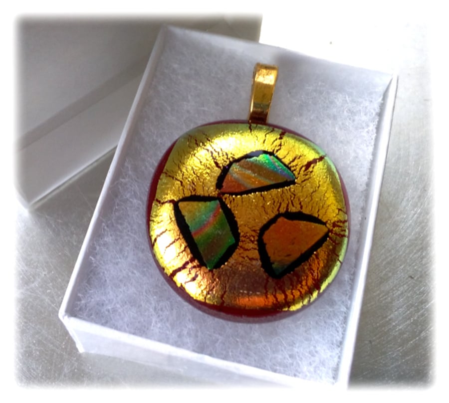 Dichroic Glass Pendant  021 Gold Red handmade fused cabochon 