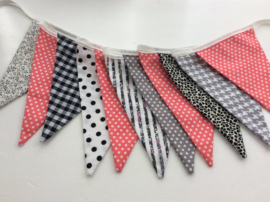 Pink and Grey Bunting - 12 flags in a mix of pretty fabrics, 2m with ties