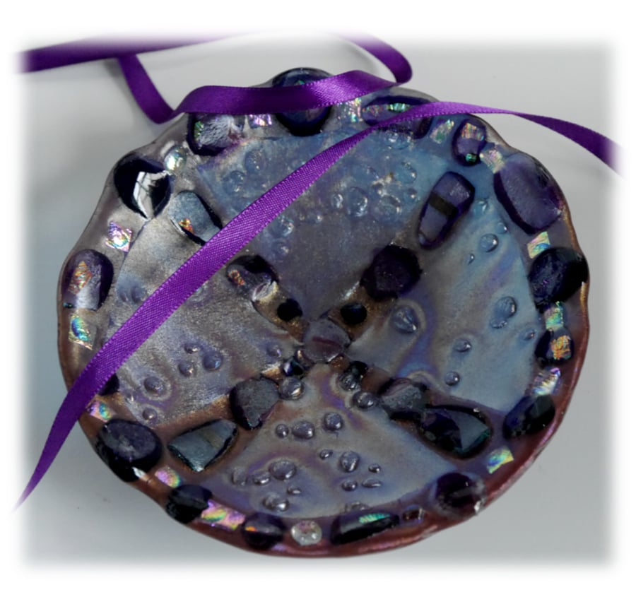 Fused Glass Bowl Round 12.5cm Copper Purple Turquoise Dichroic 019