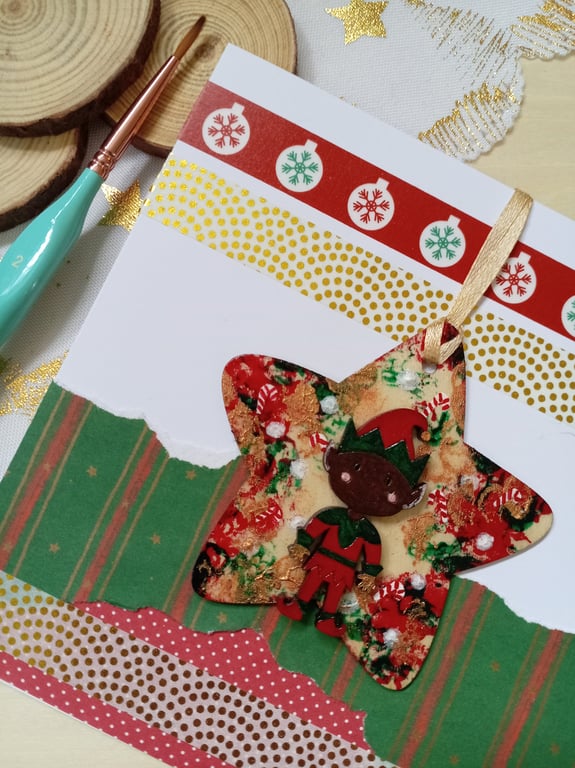 Christmas card with a wooden elf decoration