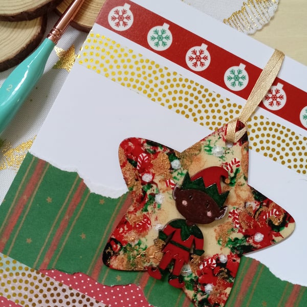 Christmas card with a wooden elf decoration
