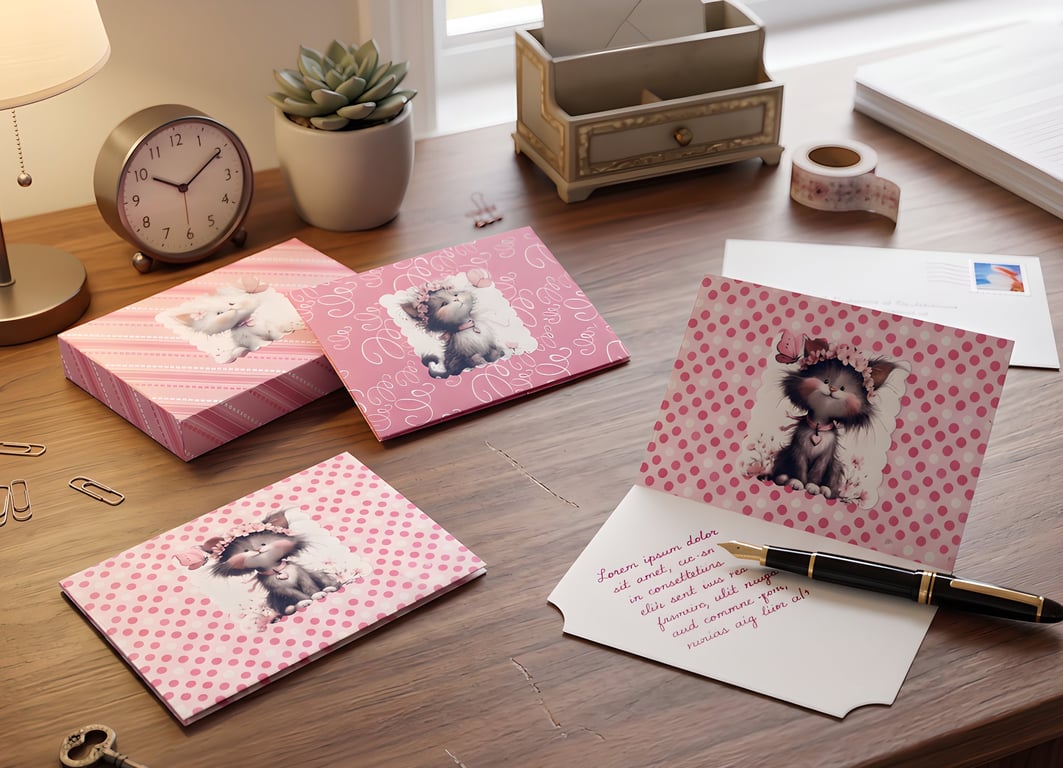 Handmade Cat pink small Envelopes - Shimmer Card Inserts x 5