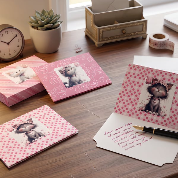 Handmade Cat pink small Envelopes - Shimmer Card Inserts x 5