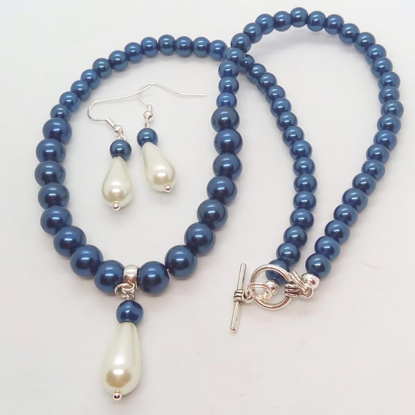 Navy Blue Glass Pearl Necklace with a White Pearl Pendant and Earrings Set